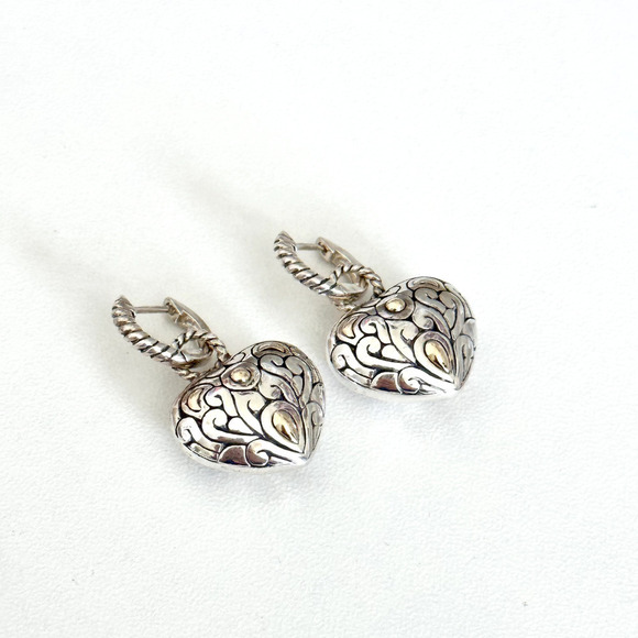 925 Sterling Silver & 14K Gold Puffy Heart Openwork Filigree Scroll Earrings - Picture 12 of 16